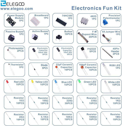 ELEGOO Electronic Fun Kit Bundle with Breadboard Cable Resistor, Capacitor, LED, Potentiometer total 235 Items for Arduino