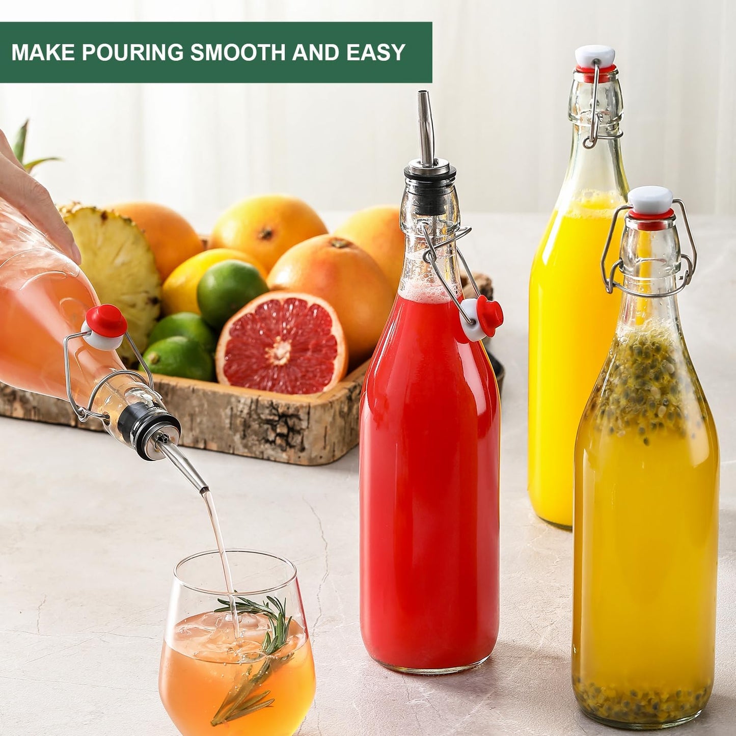 8 Pack [1 L / 33 fl. oz.] Swing Top Glass Bottles w/Airtight Stopper Lids – Flip Top Brewing Bottle for Fermentation, Kombucha, Mead, Vinegar, Beer, Kefir, Wine, Soda – With 8 Extra Seals & 2 Pourers