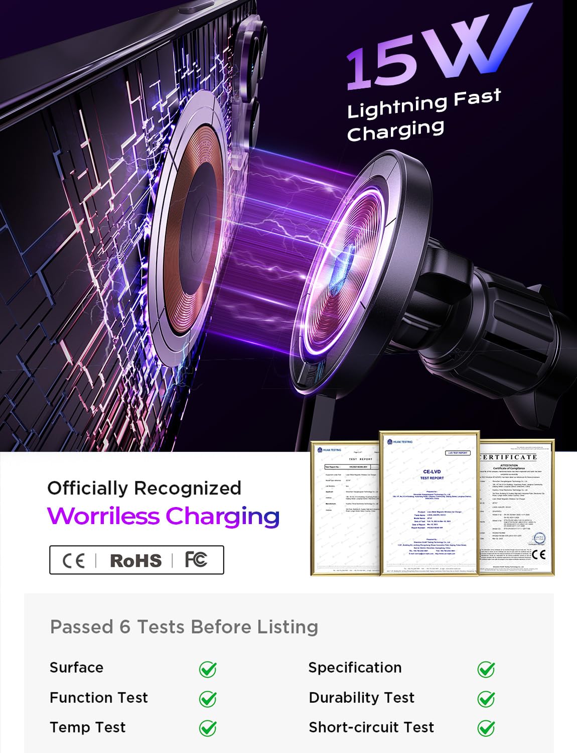 LISEN for 15W MagSafe Car Mount Charger,Magnetic Wireless Car Charger for iPhone 16 Pro Max Accessories,Magnetic Phone Holder for iPhone 16e 15 14 13 12,Samsung with MagSafe,Gifts for Men Women