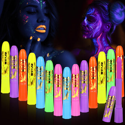 15PCS Glow in the Dark Body & Face Paint Stick,Makeup Face Paint Kit for Kids and Adults Halloween Club Black Light Birthday Party Masquerade Neon Glow Party Supplies
