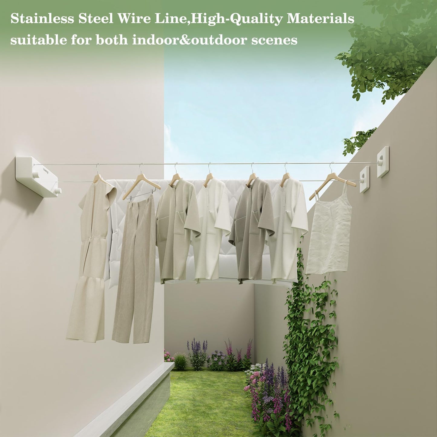 Danpoo Retractable Clothesline Indoor/Outdoor, Clothes Line Retracting Indoor, Double Clothes Lines for Hanging Clothes with 13.8 Ft Steel Wire, Laundry Line, Clothes Drying Line, White