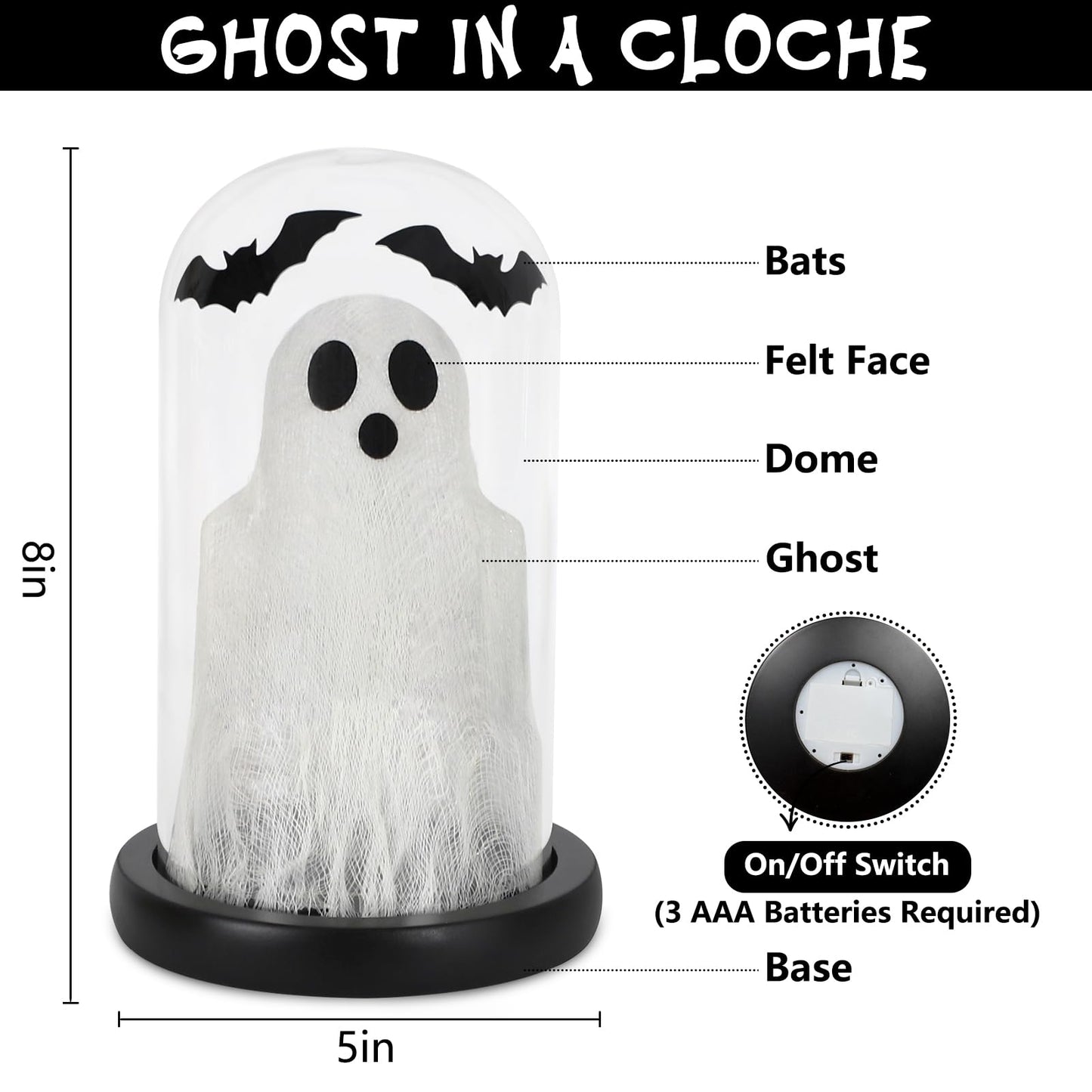 DAZONGE Halloween Decorations Indoor, Lighted Ghost in Glass Dome Cloche, Cute Spooky Halloween Ghost Decor for Tabletop Mantel Display
