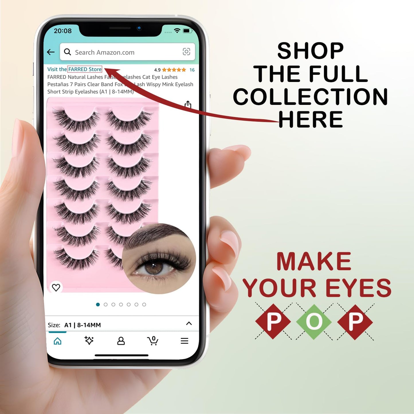 FARRED Cat Eye Lashes Natural Eyelashes Short Wispy Lash Strips Volume Eyelash Cateye Medium Length False Lashes Natural Looking Hybrid Clusters Full Strip Lashes (A1 | 8-14MM)