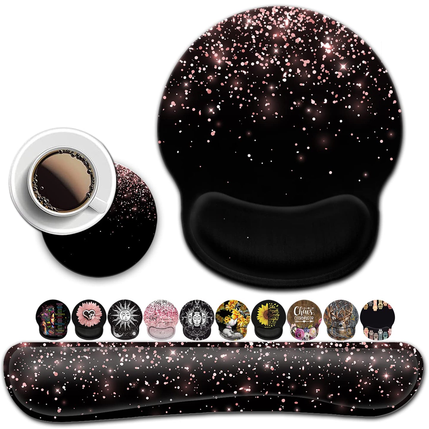 Ergonomic Gel Mouse Pad with Wrist Support - Soft Memory Foam Keyboard Rest, Dirt-Resistant, Suitable for Office Typing & Gaming, Rose Gold Glitter Pattern