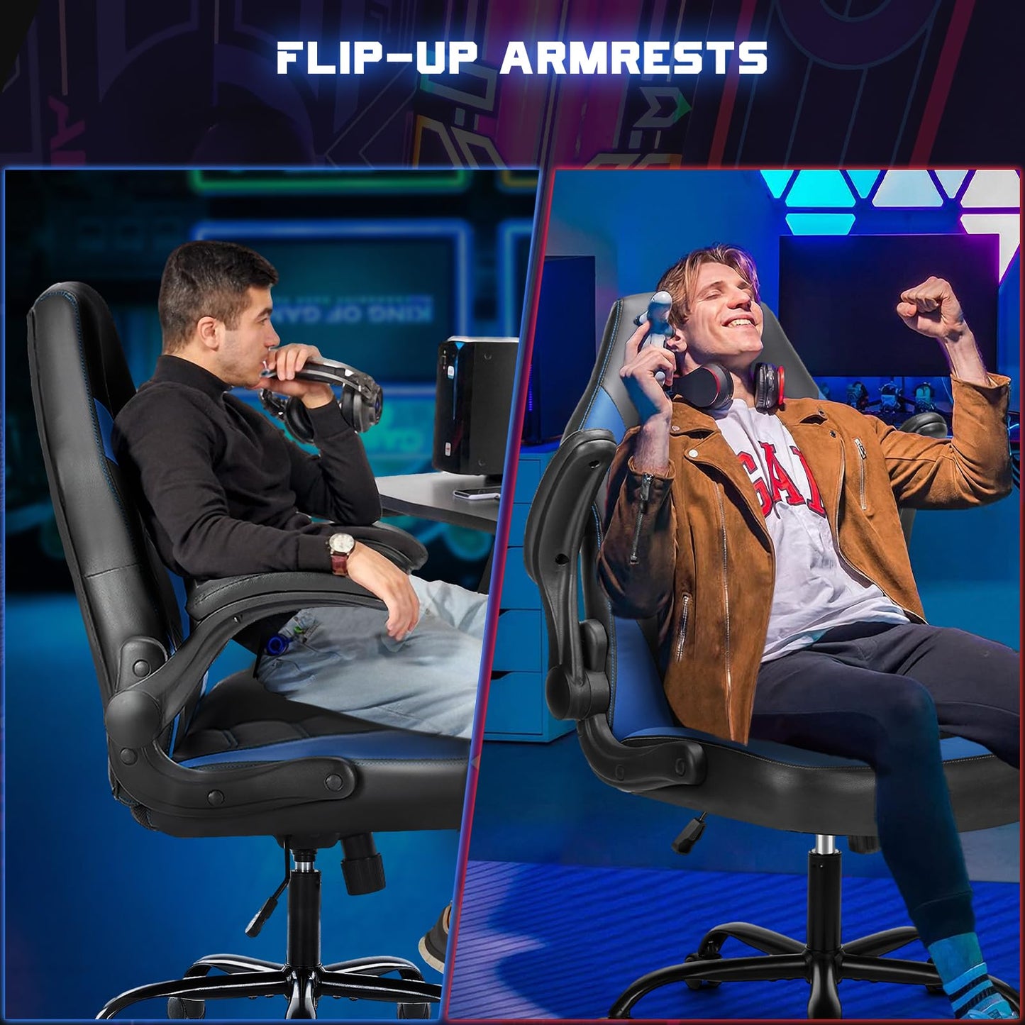 DUMOS Ergonomic Computer Gaming Chair - Home Office Desk with PU Leather Lumbar Support, Height Adjustable Big and Tall Video Game with Flip-up Armrest, Swivel Wheels for Adults and Teens