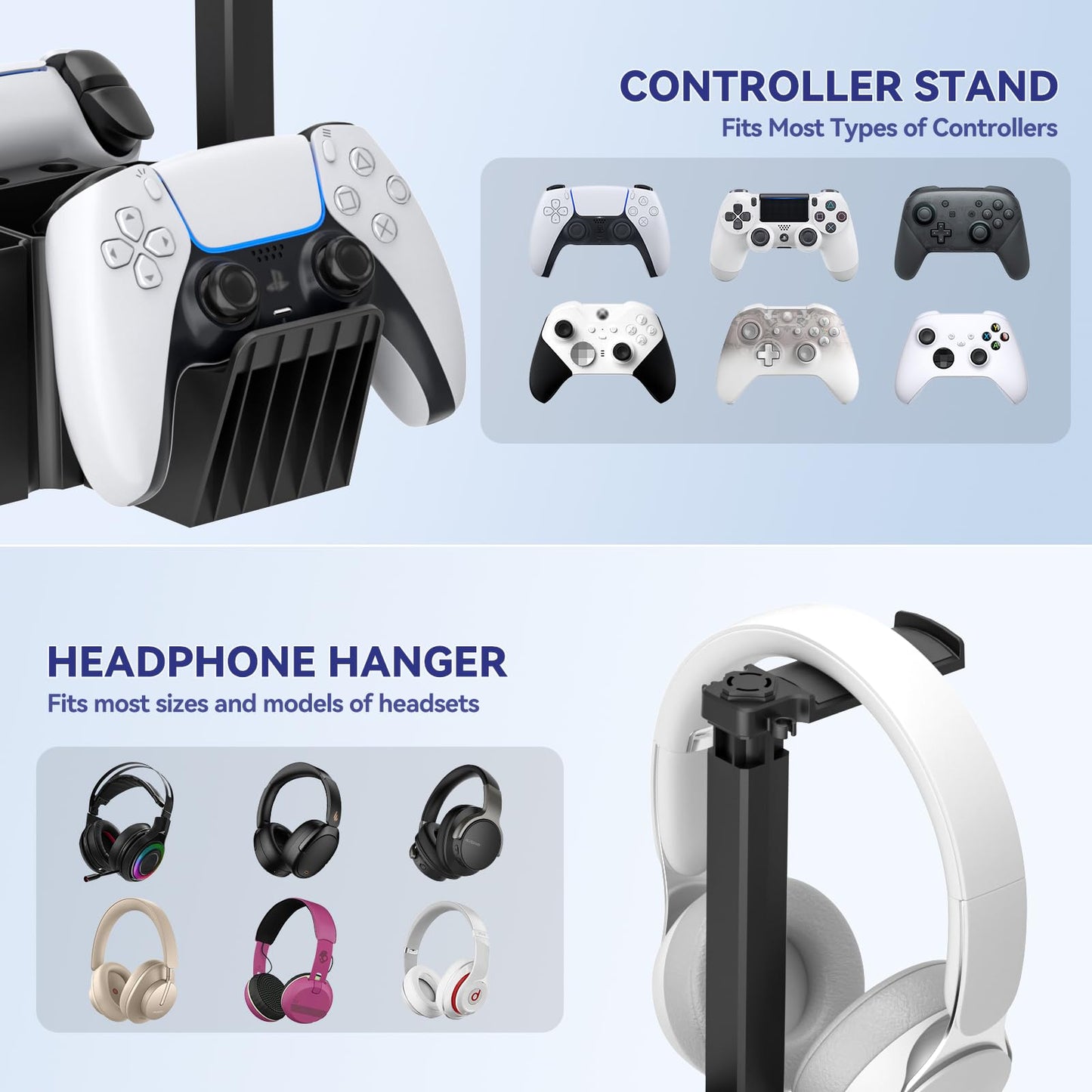 KDD Dual Controller Holder with Headphone Stand - Multi-Functional Desk Storage Box with Phone Holder - Universal Controller Stand with Desktop Organizer for Remote Control Pen Accessories