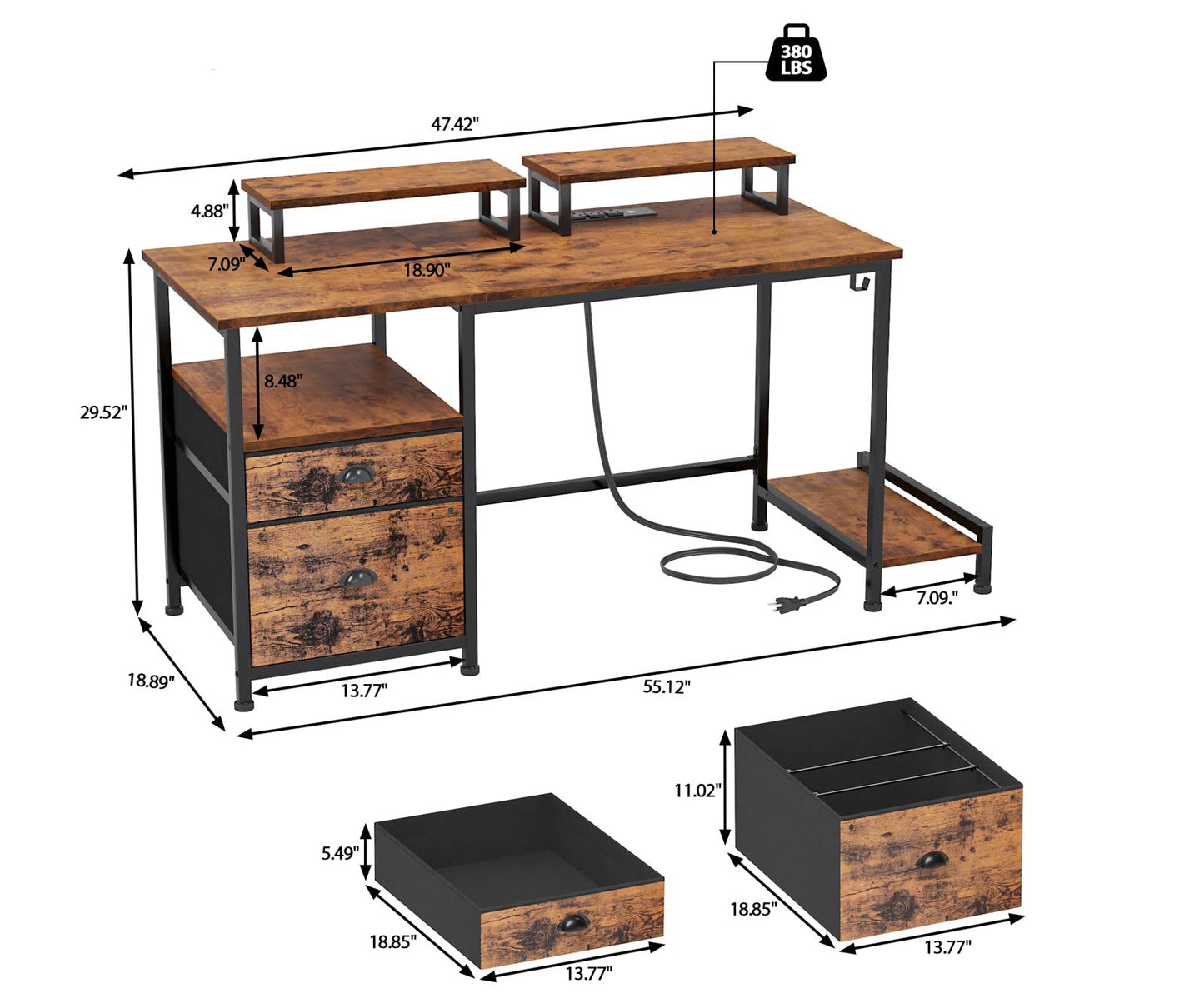Furologee 47" Computer Desk with File Cabinet and Power Outlets, Home Office Desk with 2 Monitor Stands and Storage Drawer, Writing Gaming Table with Shelves and 2 Hooks for Bedroom, Rustic Brown