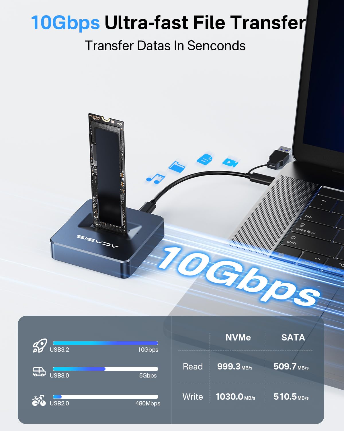 ACASIS M.2 NVMe & SATA to USB C Docking Station, NVME SSD Enclosure Adapter, USB 3.2 Gen 2(10 Gbps), Aluminium Alloy Housing, Support M.2 (M Key) NVMe and (B+M Key) SATA-Based SSD