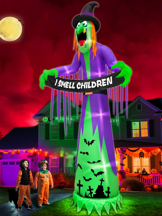 12 FT Giant Halloween Inflatables Witch Outdoor Decorations with LED Lights,Scary Witch Holds I Smell Children Banner Blow Up Halloween Decorations Outdoor Yard Garden Lawn Home with Stakes Tether