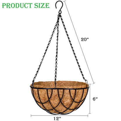 Kingbuy 12 Inch Metal Hanging Planter Basket with Coconut Fiber Liner Round Wire Hanging Plant Flower Pot for Home Garden Patio Decoration, Grid Pattern, 2 Pack