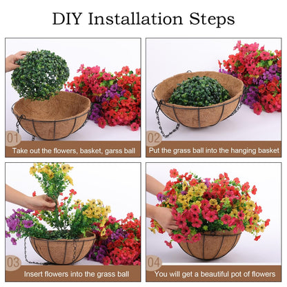 Hananona 2 Set Artificial Outdoor Flowers with Hanging Basket, 2 Hanging Planters with 24 Pcs Flowers for Spring Summer Front Porch Garden Patio Home Decor (2, Red, Purple, Yellow, Rose Red)