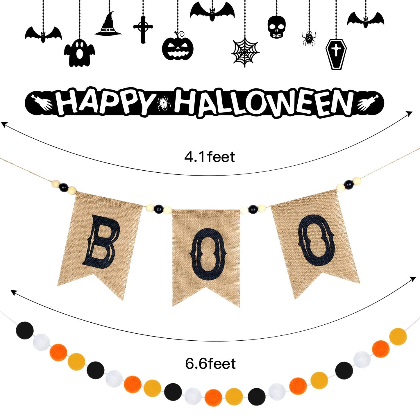 2 Pcs Pre Strung Happy Halloween Banners Rustic Burlap Boo Banners with Felt Ball Pom Pom Garland for Halloween Decorations Indoor Fireplace Mantle Walls Decor
