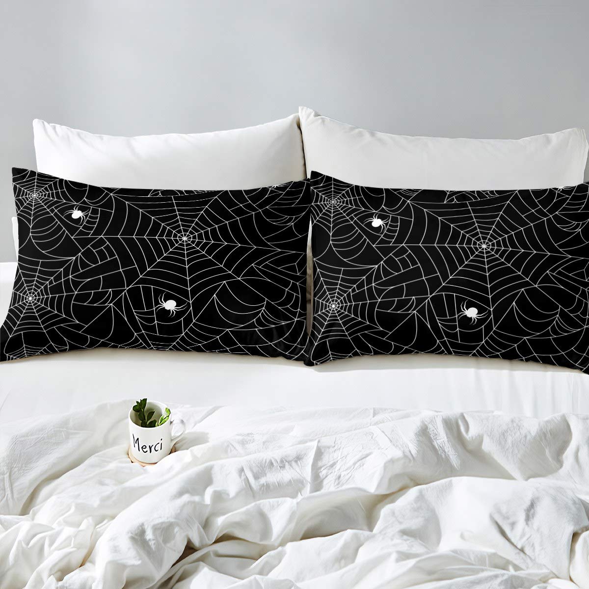 Feelyou Boys Spider Web Printed Bedding Set for Kids Children Halloween Themed Bed Sheet Set Decorative Scary Spider Pattern Fitted Sheet Black White Animal Theme Bed Cover Twin Size 2Pcs