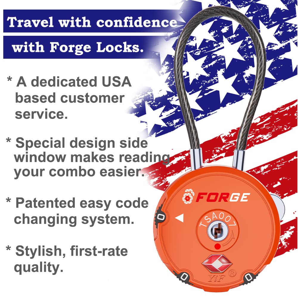 Forge Quality TSA Approved Luggage Locks for Travel Accessories, Suitcase, Pelican case, Set Your own Combination, Zinc Alloy Body-Cable Locks Orange 2 Locks