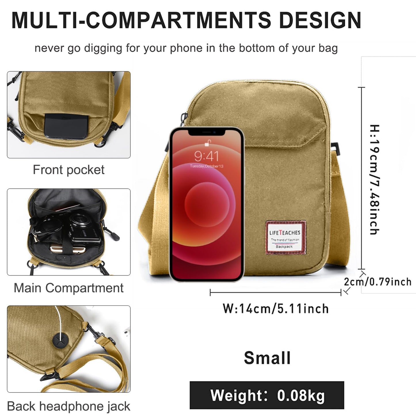 Khaki Mini Crossbody Bag - Small Shoulder Bag For Men & Women, Travel Wallet & Passport Holder, Phone Purse, Unisex Mini Messenger Satchel, Fanny Pack & Neck Pouch With Headphone Jack
