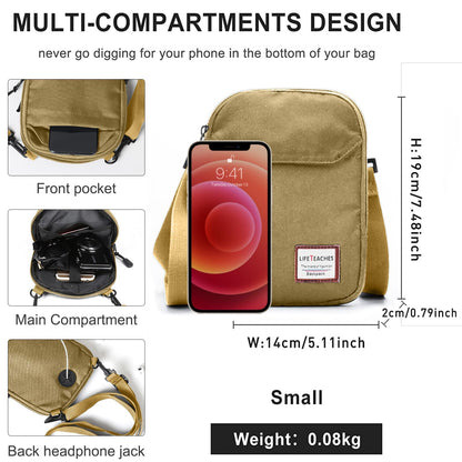 Khaki Mini Crossbody Bag - Small Shoulder Bag For Men & Women, Travel Wallet & Passport Holder, Phone Purse, Unisex Mini Messenger Satchel, Fanny Pack & Neck Pouch With Headphone Jack