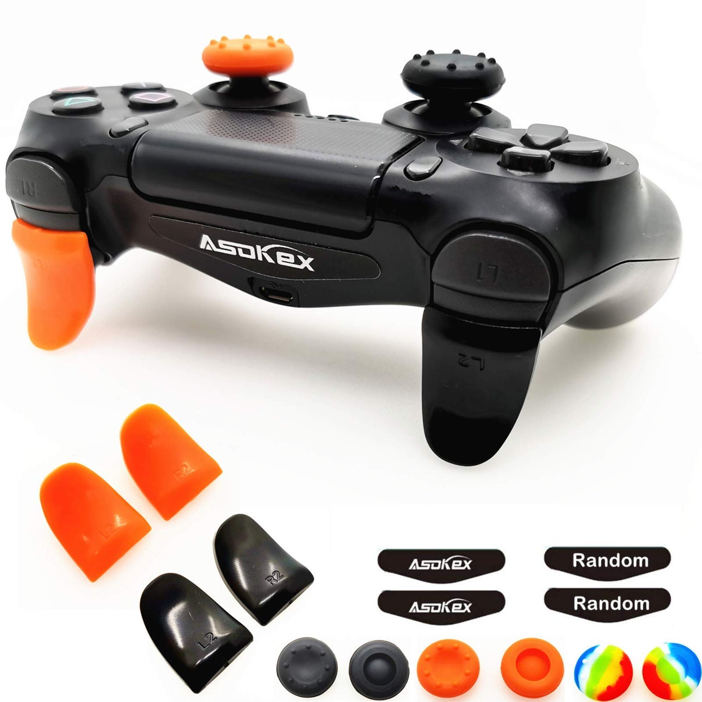 L2 R2 Triggers Ps4 (2 Pairs Trigger Extender,6Pcs Thumbstick Grips, 2 Pairs LED Light Bar Decal) for Ps4 Dualshock Controller(Black&Orange)
