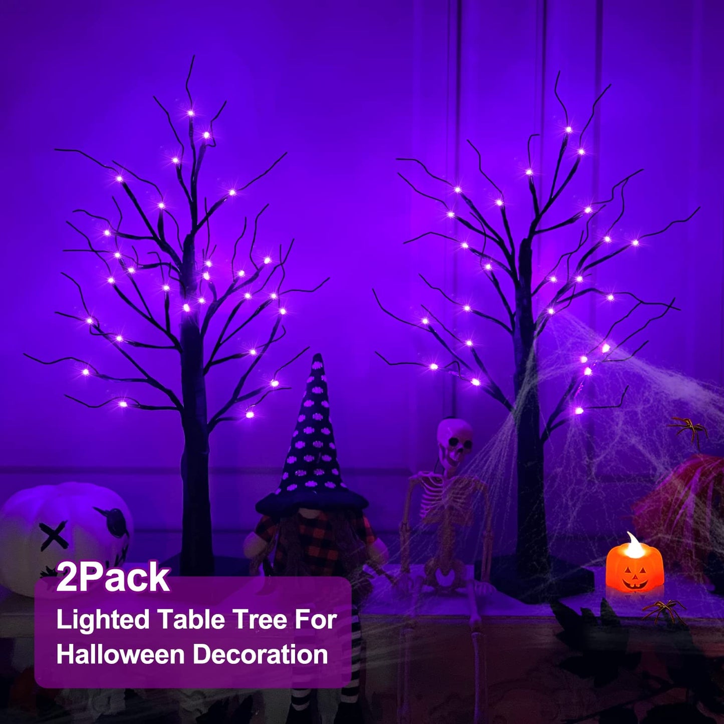 2 Pack 24 Inch Purple Lighted Halloween Birches Tree Decor with Timer Total 48 LED Battery Operated Tabletop Artificial Black Spooky Tree Halloween Decorations for Indoor Home Holiday Party