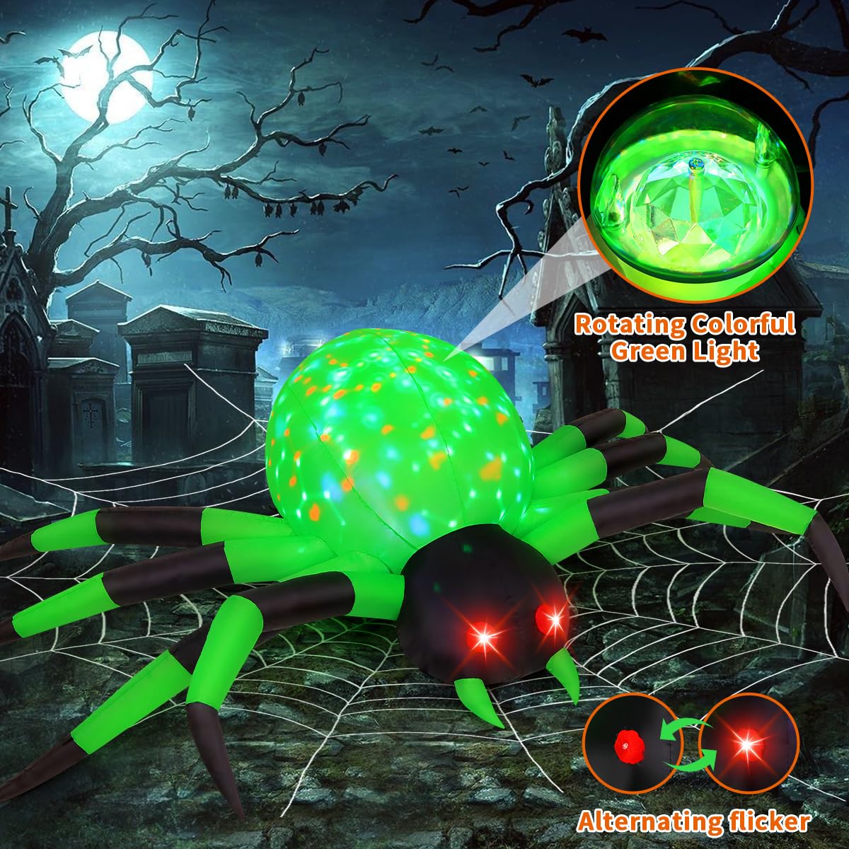 COMIN 9FT Width Halloween Inflatables Outdoor Decorations Spider Blow Up Yard Decoration with Built-in LED for Yard Garden Party Lawn (Green)