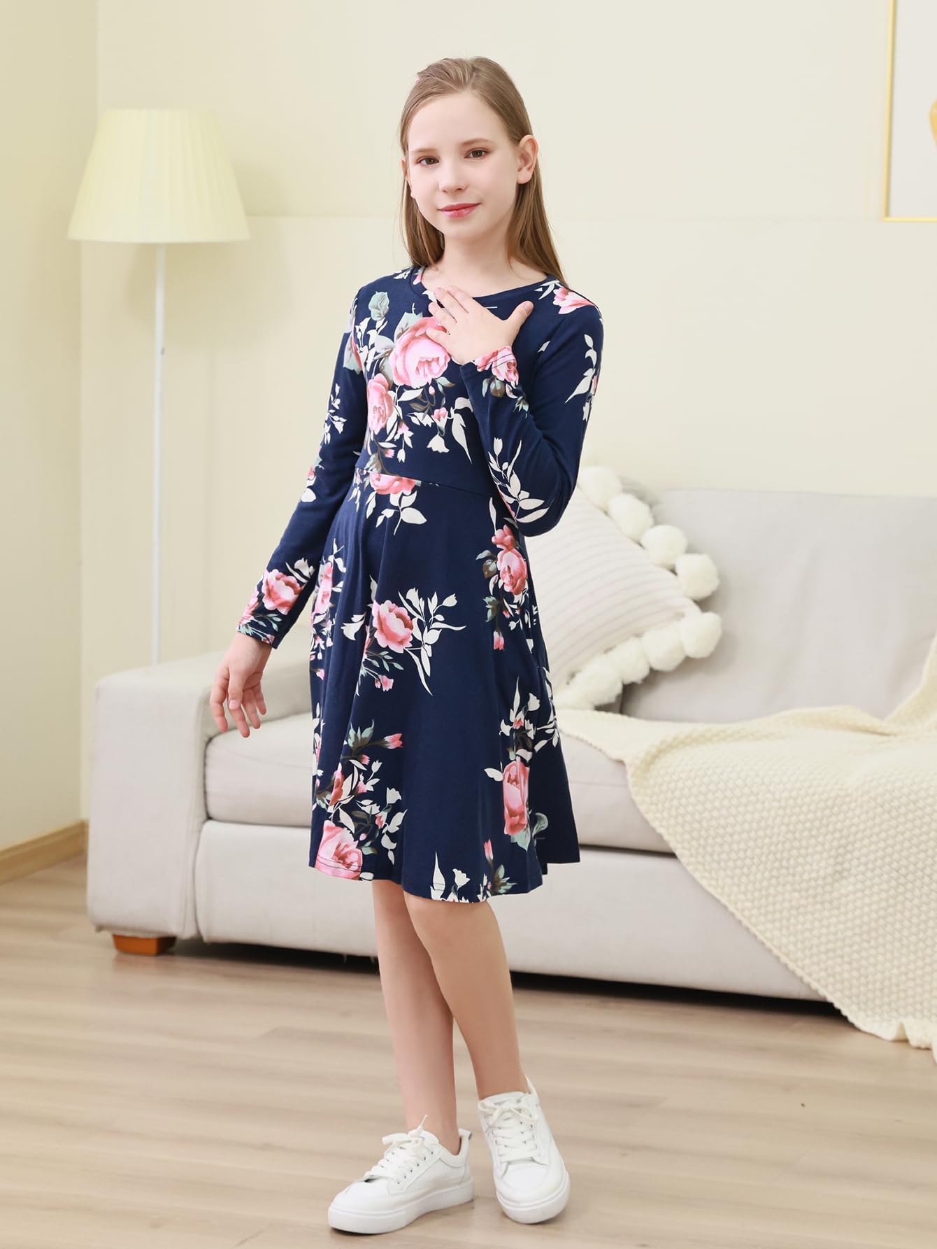 GORLYA Girls Short Sleeve Floral Print Casual Fit and Flare Party Dress with Pockets 4-12 Years (GA1002,10Y,NavyPrint-L)
