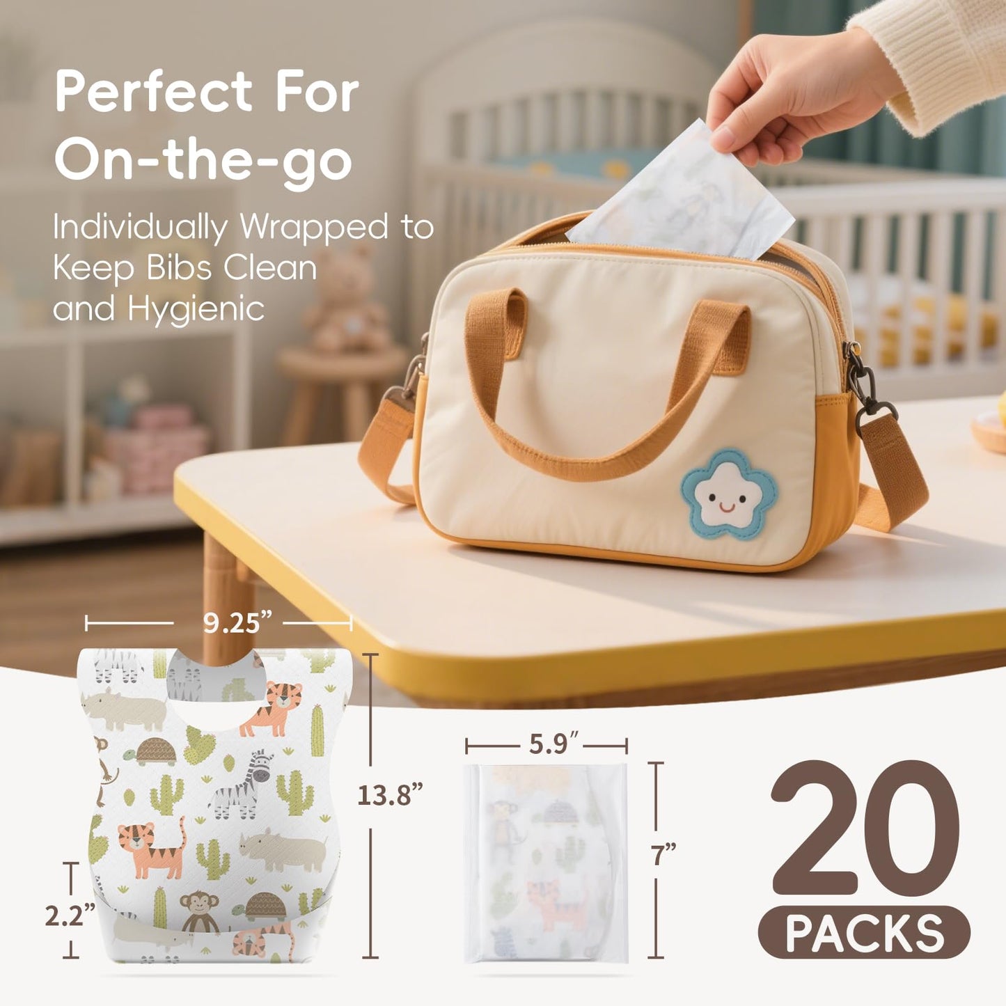 KIIS Disposable Baby Bibs for Baby Boys and Girls - Individually Packaged - Hygienic, Soft and Leakproof (20 PCS) (Animal)