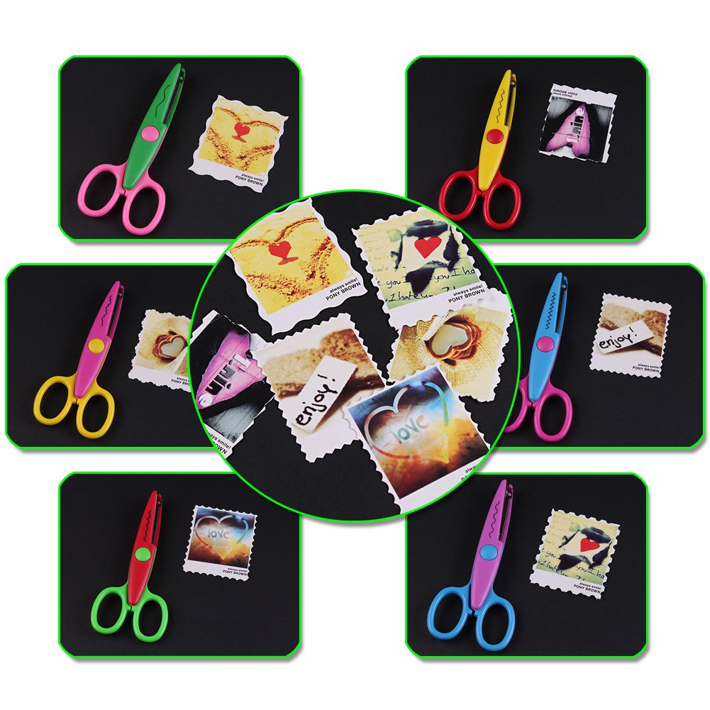 Jialeey Plastic Kids Design Safety Art Scissors Creative Crafts Scissors Paper Scrapbooking Decorative Wave Lace Edge Cutters Set 6 PCS