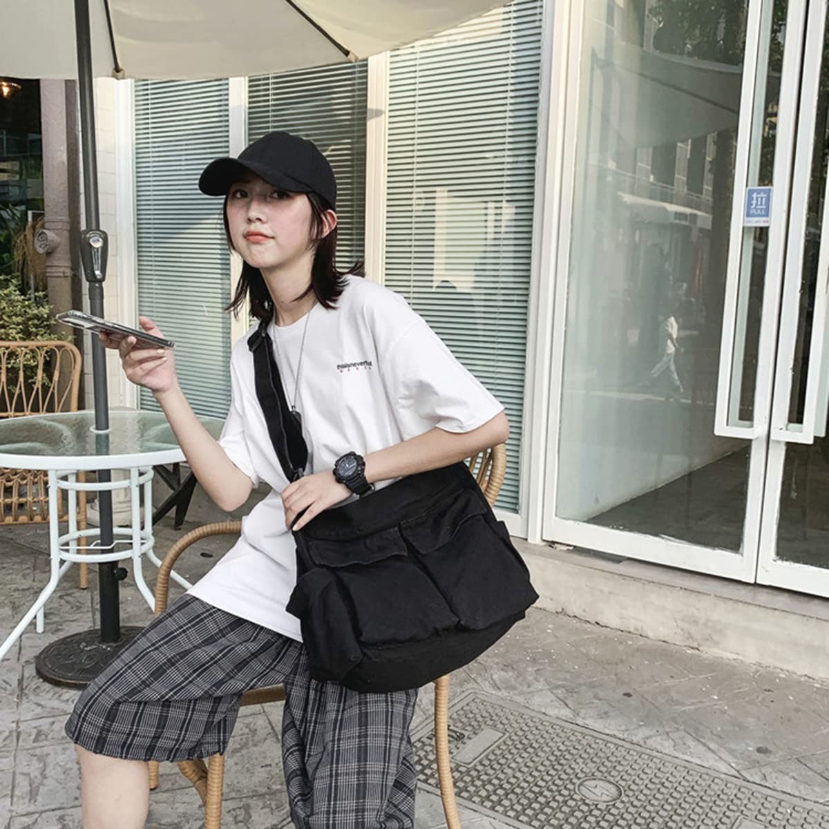 GAXOS Aesthetic Cute Messenger Bag for School Vintage Black Canvas Crossbody for Women Shoulder Laptop Bag
