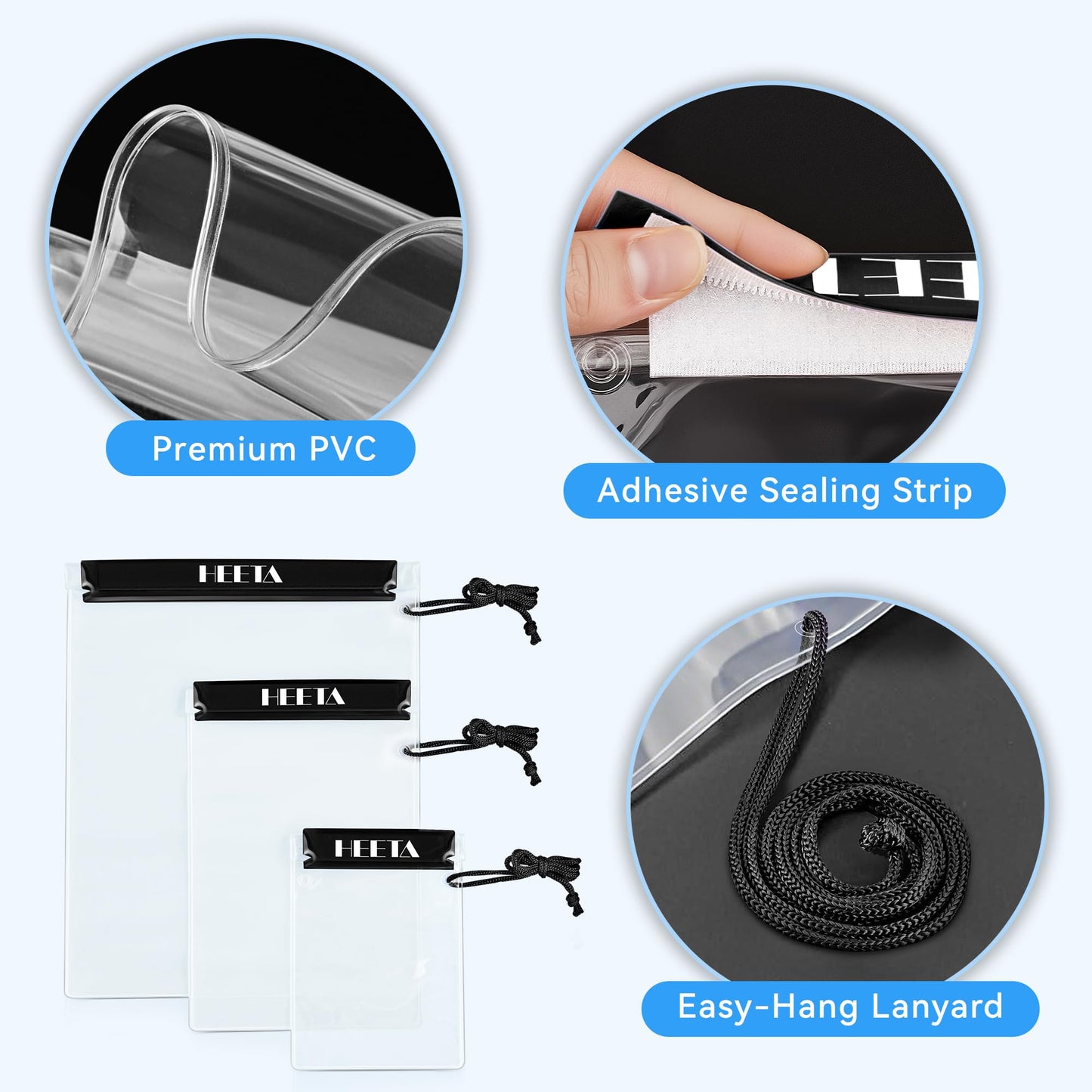 HEETA 5-Pack Clear Waterproof Dry Bag, Water Tight Cases Pouch Dry Bags for Camera Mobile Phone Maps, Kayaking Boating Document Holder (Black)