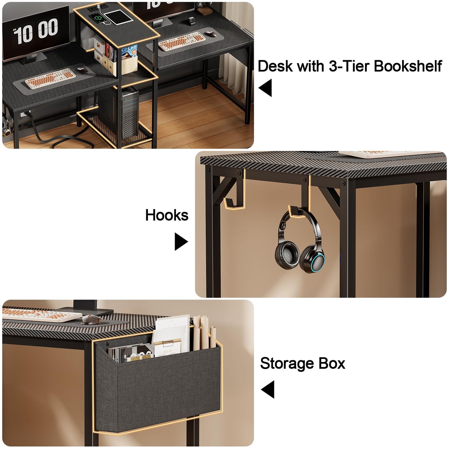 Furologee Double Desk with Power Outlets, 71 Inch Computer Desk with Storage Bag and Headphone Hooks, Gaming Desk Study Writing Table for Home Office, Black