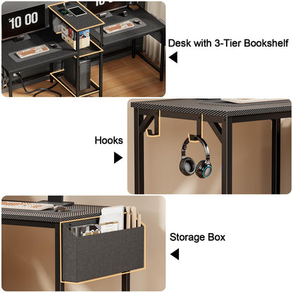 Furologee Double Desk with Power Outlets, 71 Inch Computer Desk with Storage Bag and Headphone Hooks, Gaming Desk Study Writing Table for Home Office, Black