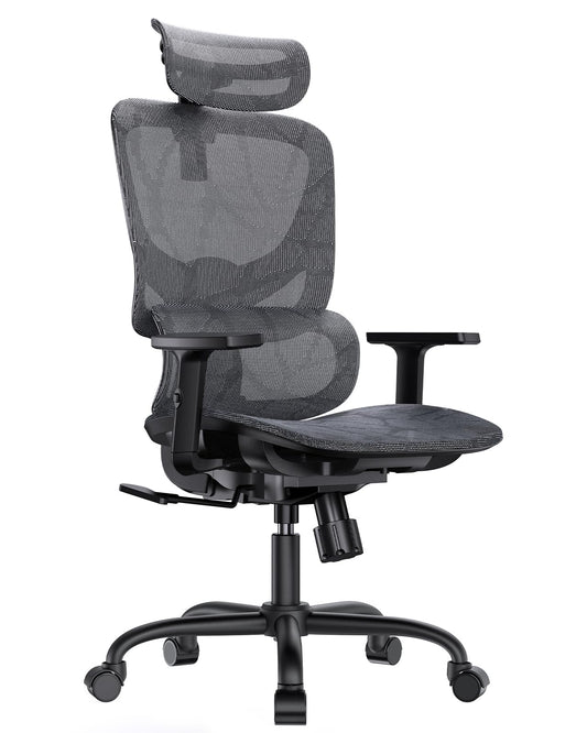 HUANUO Ergonomic Mesh Office Chair with 5-Level Lumbar Support, Computer Chair with Adjustable Headrest & Armrests, Rocking Tilt, Comfortable High Back Desk Chair for Home Office or Gaming