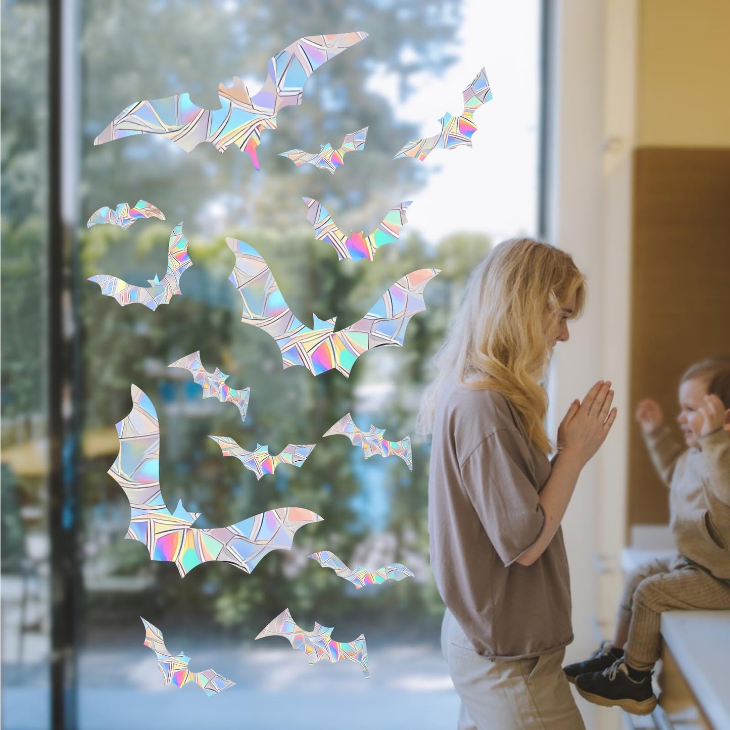 45PCS Halloween Bat Decoration Stickers for Bird Strikes - Anti-Collision Window Decals to Save Birds From Collisions, Non-Adhesive Reusable Vinyl Rainbow Stickers