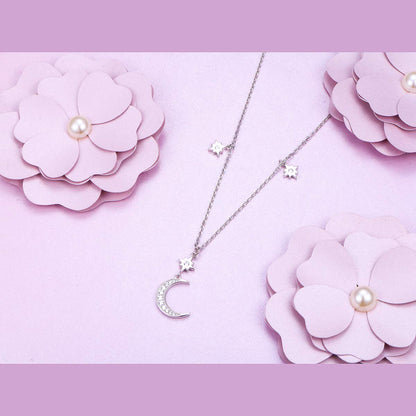 Ladytree S925 Sterling Silver Crescent Moon and Star CZ Pendant Necklace Jewelry,Rolo Chain,18 inches to 20 inches