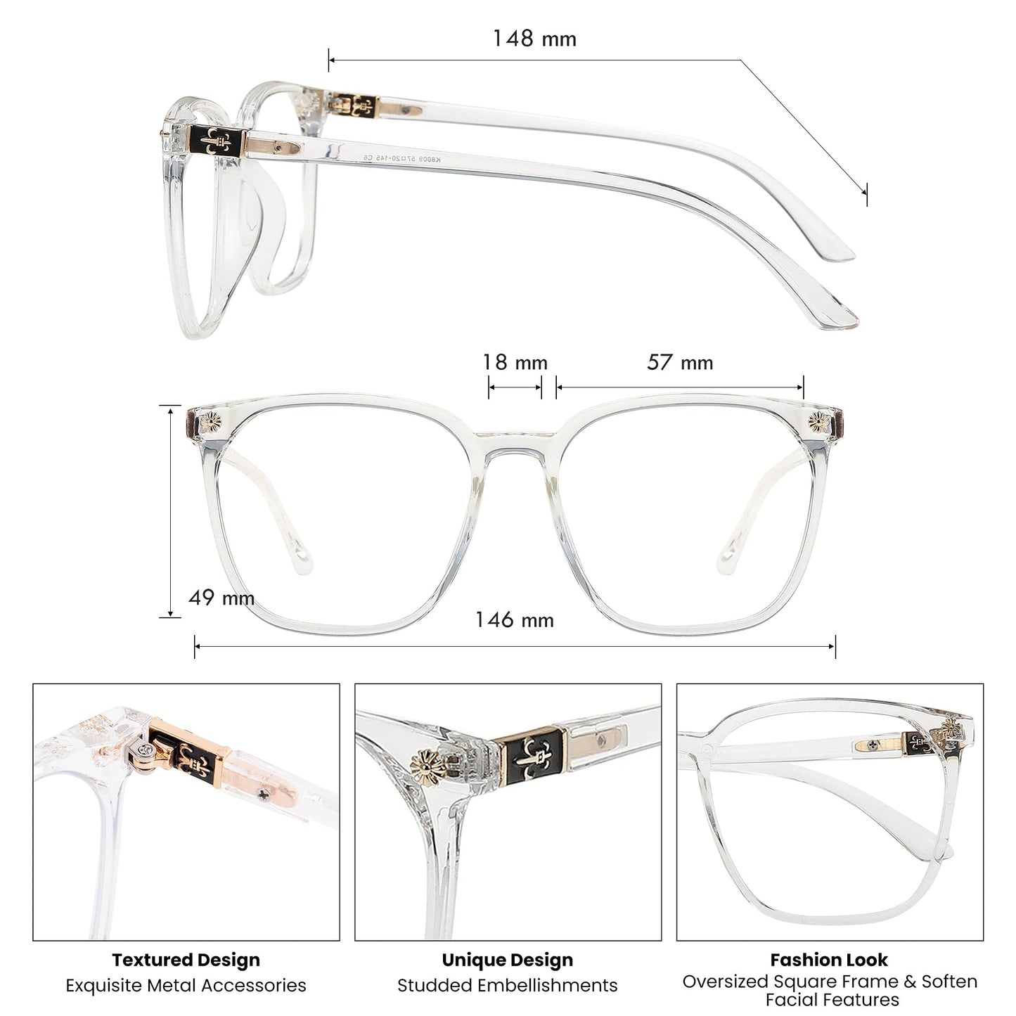 GUDVUE Oversized Blue Light Glasses, Computer Reading/Gaming/Phones Glasses, Anti Glare/UV400/Eye Strain, Large Square Frame, Clear