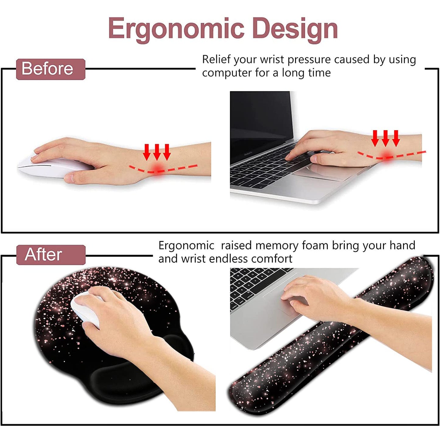 Ergonomic Gel Mouse Pad with Wrist Support - Soft Memory Foam Keyboard Rest, Dirt-Resistant, Suitable for Office Typing & Gaming, Rose Gold Glitter Pattern