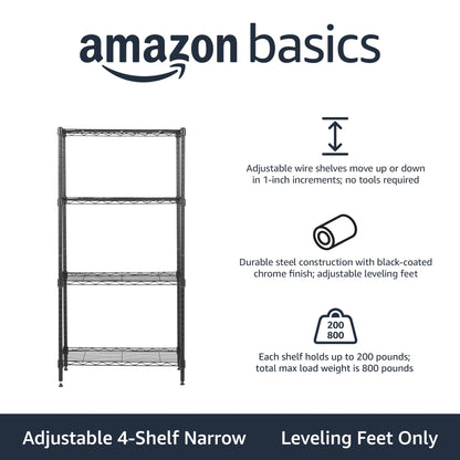 Amazon Basics 3-Shelf Adjustable Heavy Duty Steel Wire Rack Storage Shelving Organizer for Kitchen, Garage, 23.2" L x 13.4" W x 30" H, Black