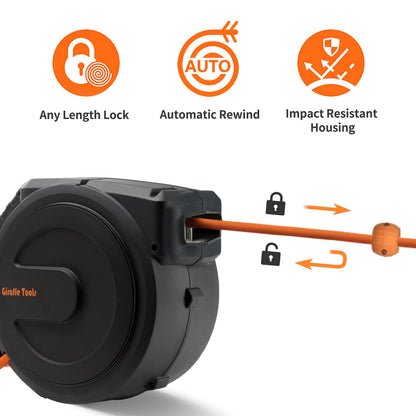Giraffe Tools Retractable Air Hose Reel Enclosed with 3/8 in. x 50 ft Hybrid Hose, Lightweight Compressor Hose Reel Wall Mounted with 180° Swivel Bracket, 300 PSI