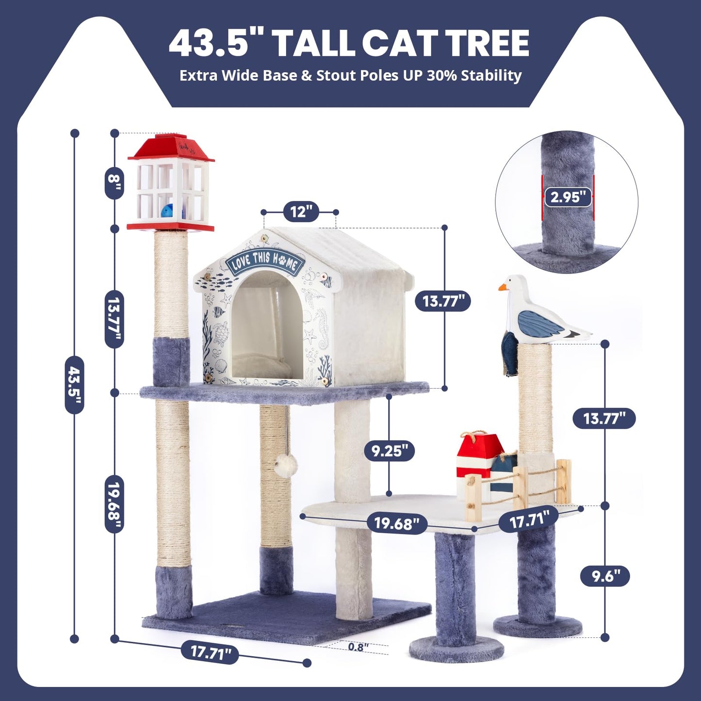 HYABi 43.5-Inch Novelty House Seagull Buoy Collapsible Cat Tree Tower Condo Bed Furniture Plush Ball Toy Fish Platforms Multi-Level with Scratching Posts Play for Indoor Cats