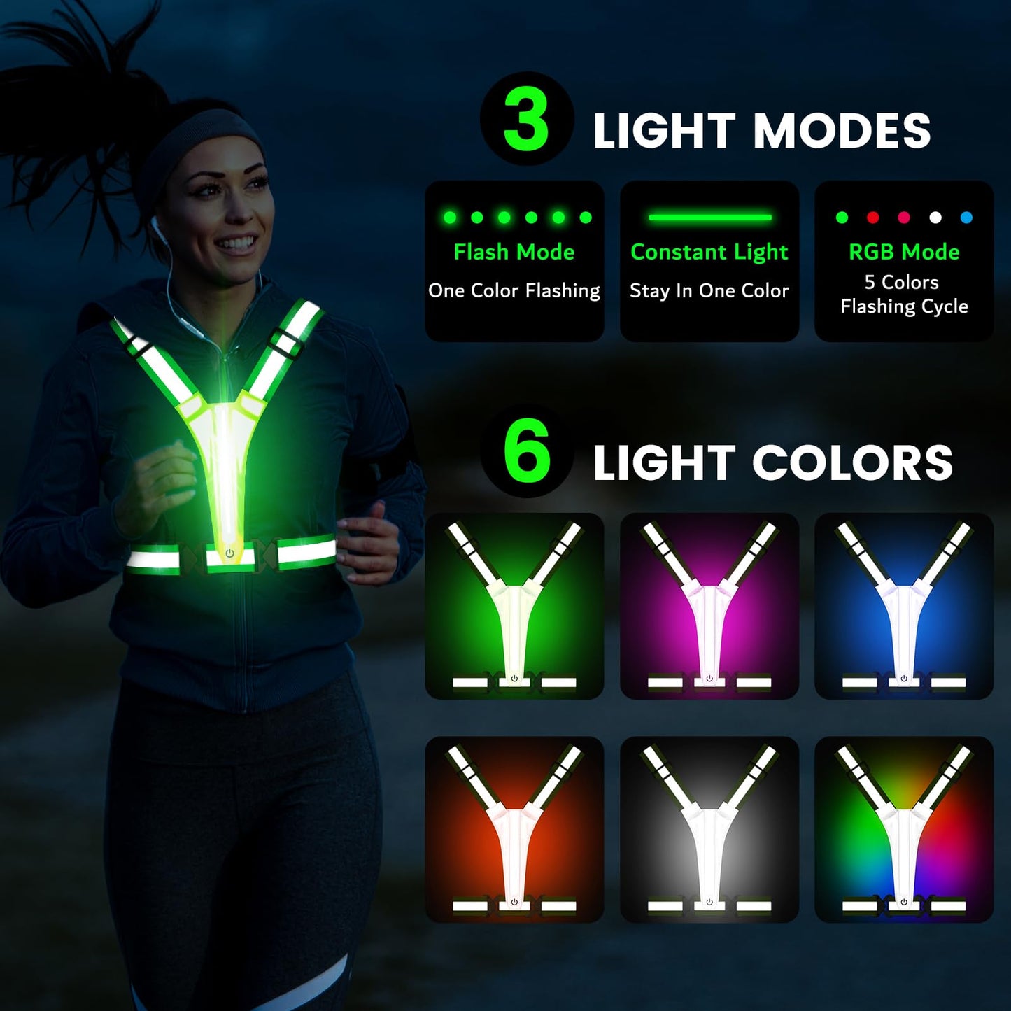 Fokia Kunbio LED Reflective Running Vest Gear,Light Up Vest Runners Night Walking USB Rechargeable,Up to 11hrs Light with Adjustable Waist/Shoulder for Women Men Kids