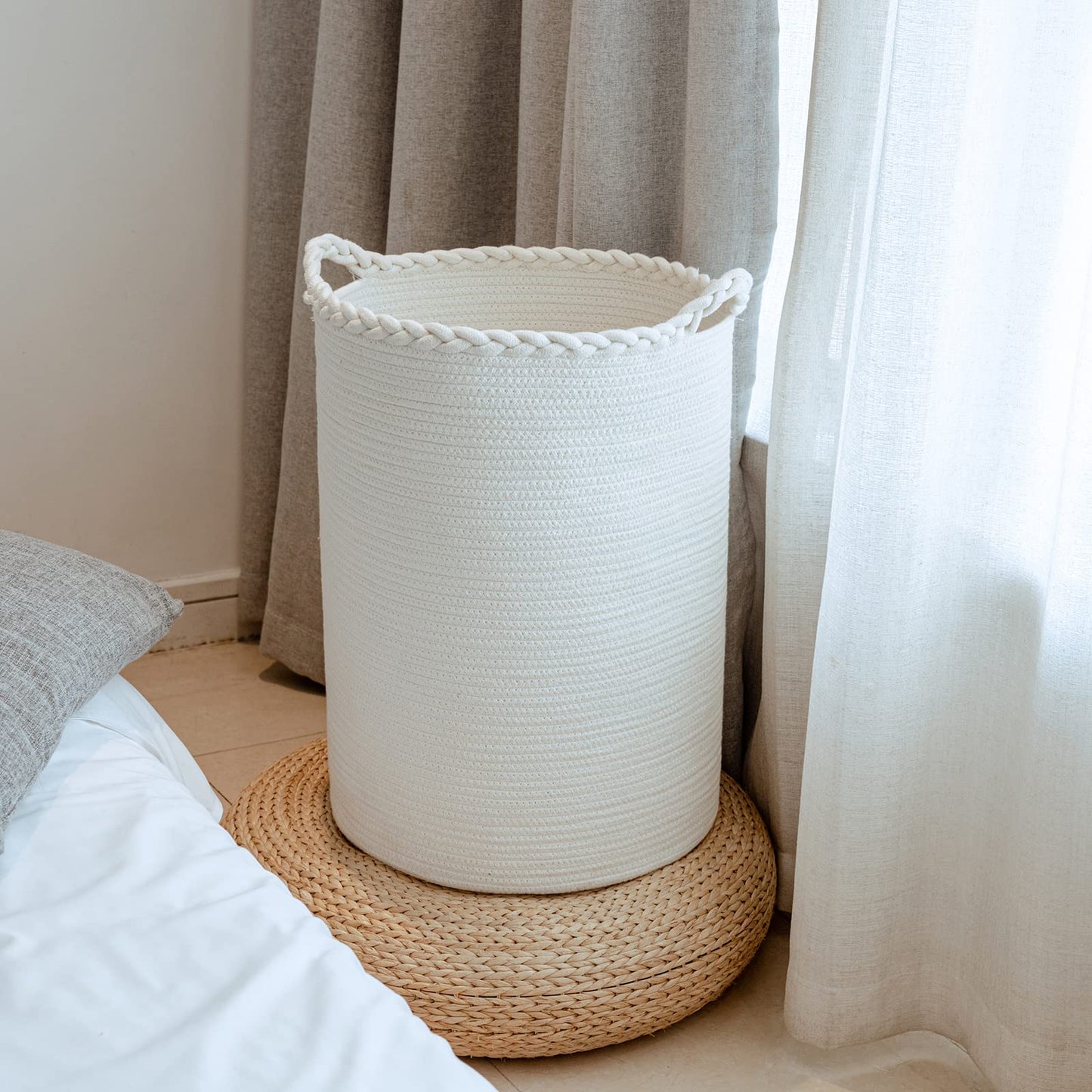 Homlikelan 72L Woven Laundry Hamper,Cotton Tall Wicker Laundry Basket for Blankets,Clothes,Pillows,Toys,Shoes Large Laundry Bin White