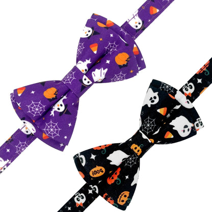Gelwoo 2 Pack Halloween Cat Collar with Bow Tie and Bell for Male Female Cats,Soft Fancy Breakaway Kitty Kitten Collar with Ghost& Pumpkin Patterned Design for Boy Girl Cats. (Purple Ghost&Pumpkin)