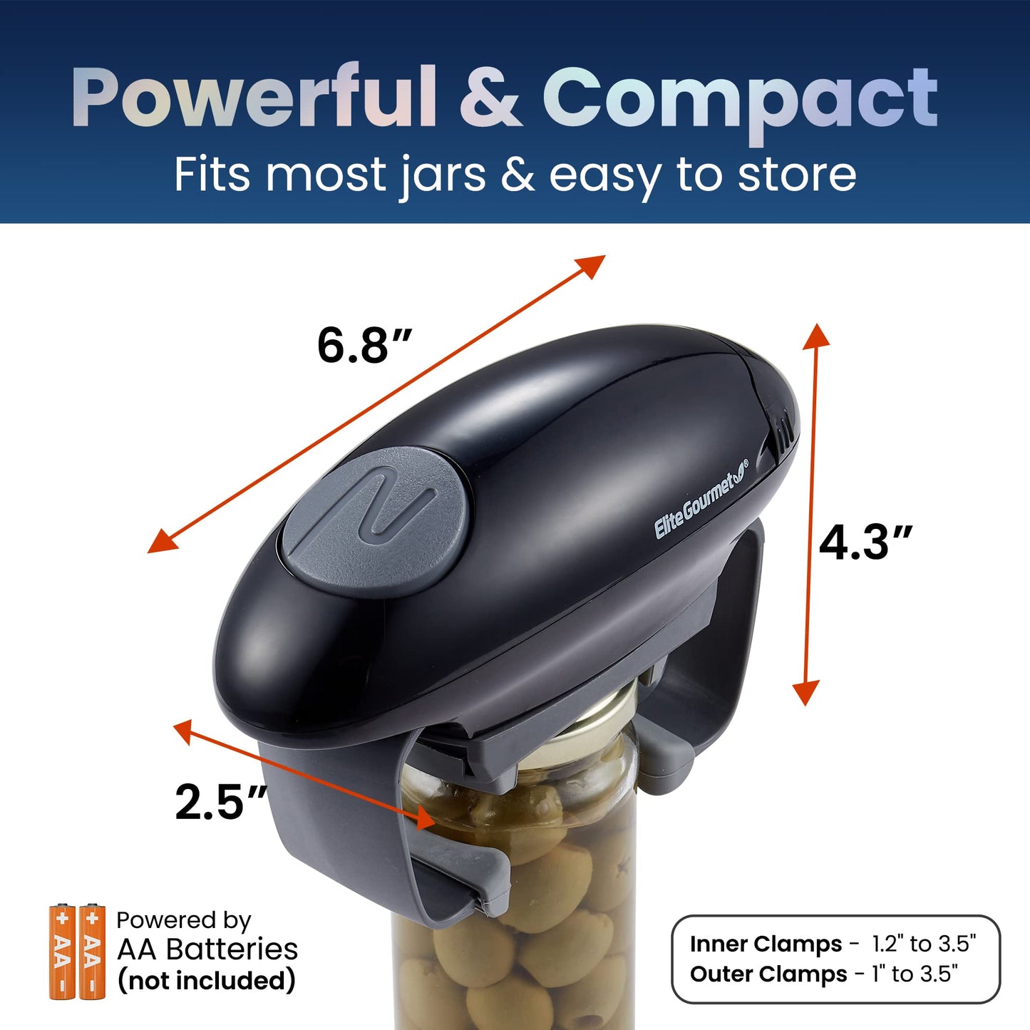 Elite Gourmet EJO800 High Power Torque Automatic Battery Operated Electric Jar Opener, One-Touch Electric Operation, Easily Remove Most-Size Lids with Auto-Size Guides, Black/Gray
