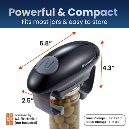 Elite Gourmet EJO800 High Power Torque Automatic Battery Operated Electric Jar Opener, One-Touch Electric Operation, Easily Remove Most-Size Lids with Auto-Size Guides, Black/Gray