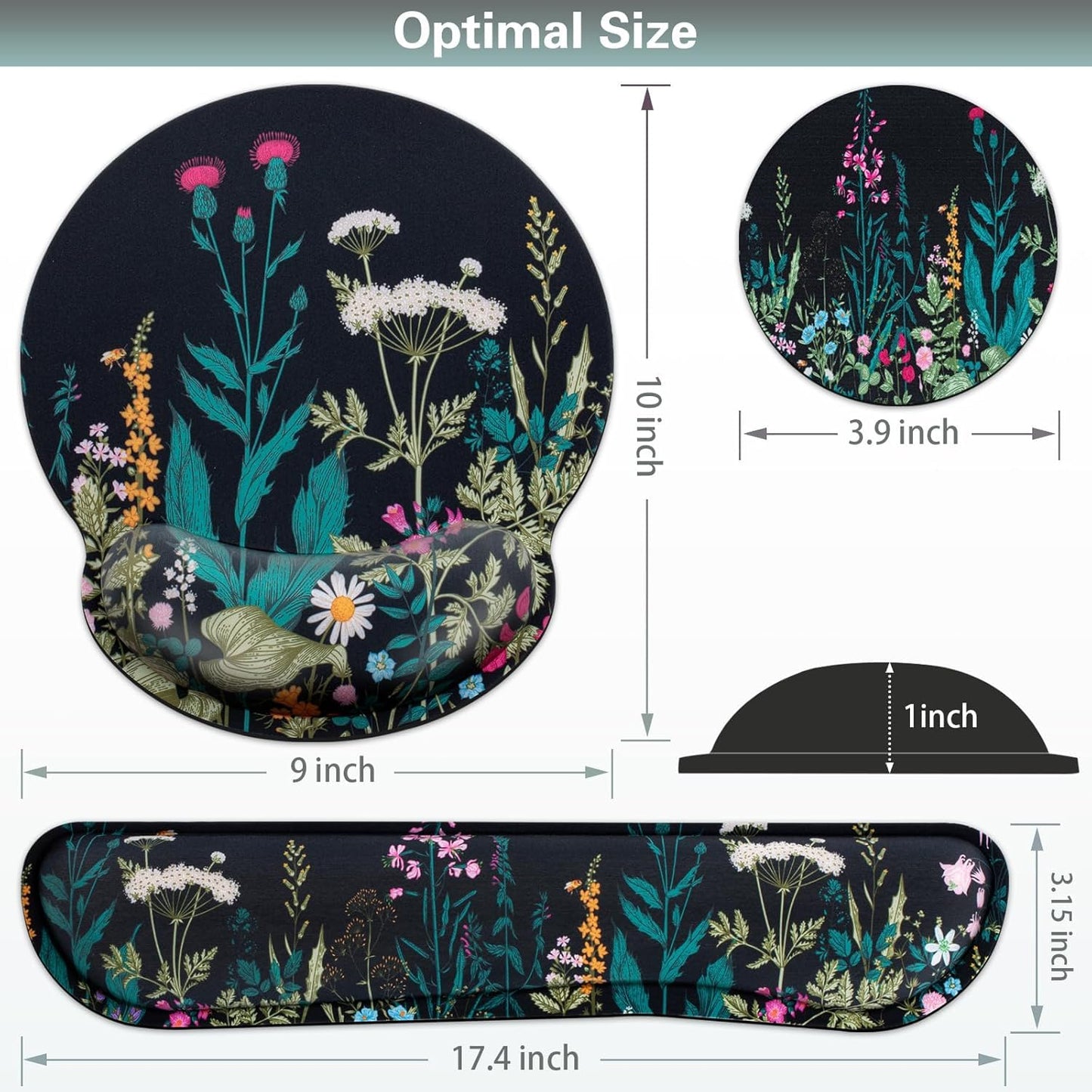 Mouse Pad with Wrist Rest Set, Qomolama 3-in-1 Wrist Support Mouse Pad Set, Floral Gaming Mousepad with Anti-Skid Base,Ergonomic Mouse Pad,Memory Foam Keyboard Gel Wrist Rest