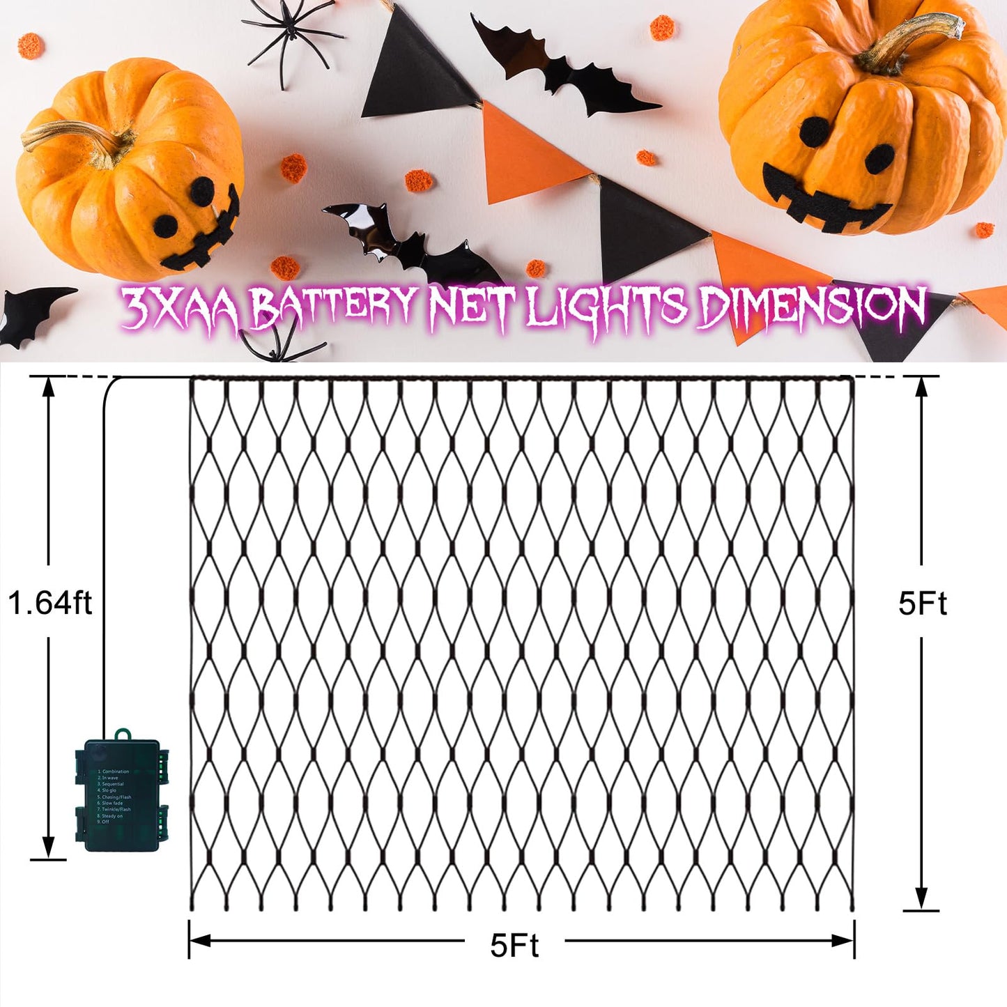 echosari Halloween Net Lights Battery Operated, 5ft ×5ft 100 LED Net Lights with Remote Timer Dimmable Garden Mesh Lighting for Bush Fence Wall Party Decor (Purple Orange)