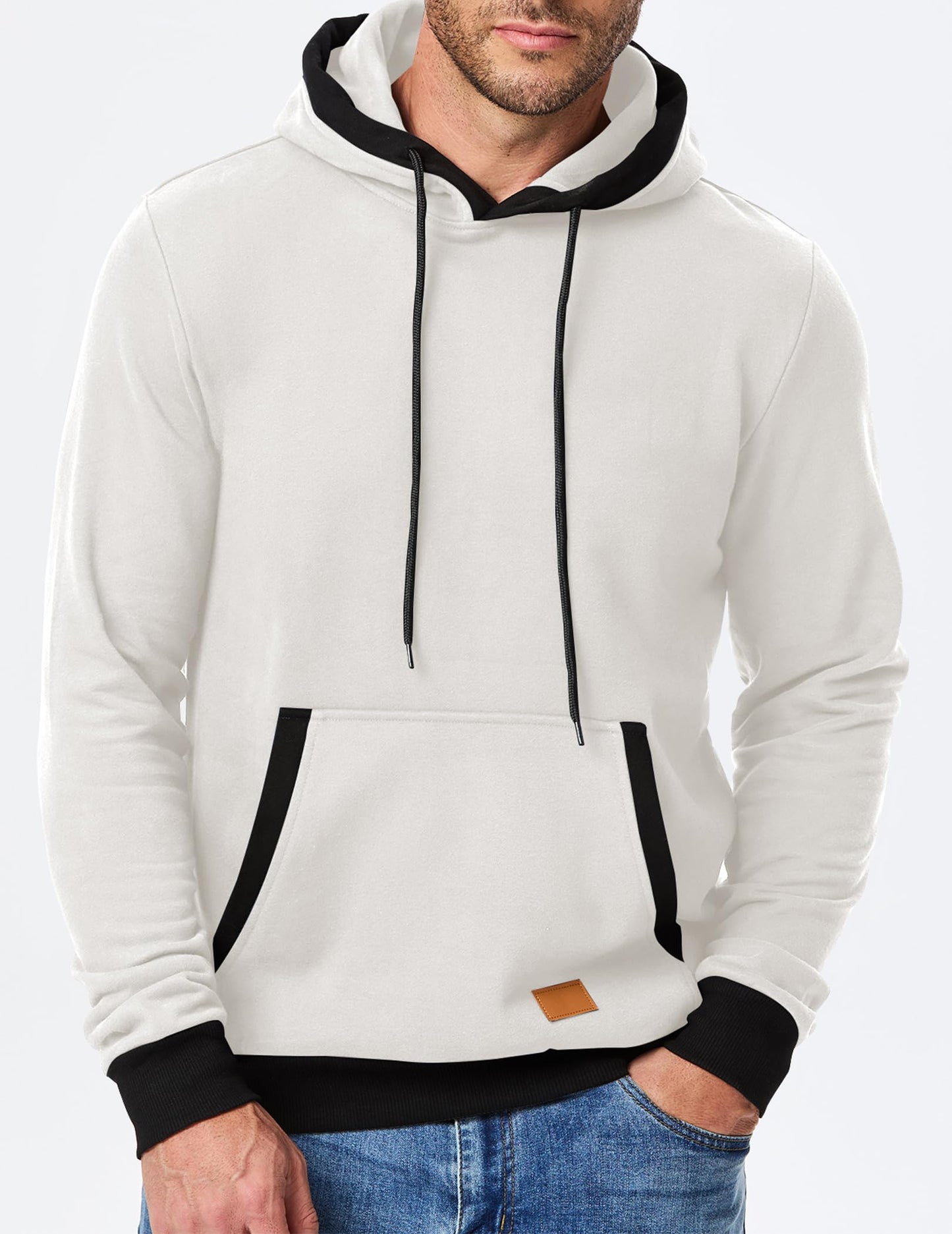 JMIERR Mens Hooded Sweatshirt Cotton Fashion Fleece Long Sleeve Drawstring Fall Shirts with Kangaroo Pocket Athletic Gym Essentials Hoodies, L, White