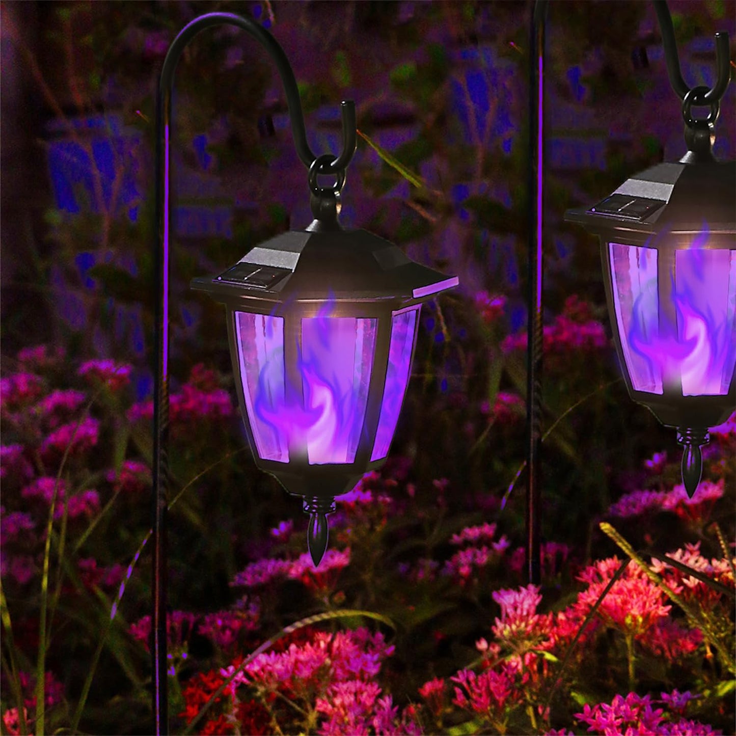 Dynaming 4 Pack Solar Halloween Flame Hanging Lights Outdoor, Flickering Flame LED Garden Lanterns with 4x38 Inch Shepherd Hooks, Landscape Lighting Waterproof for Lawn Yard Pathway Driveway, Purple