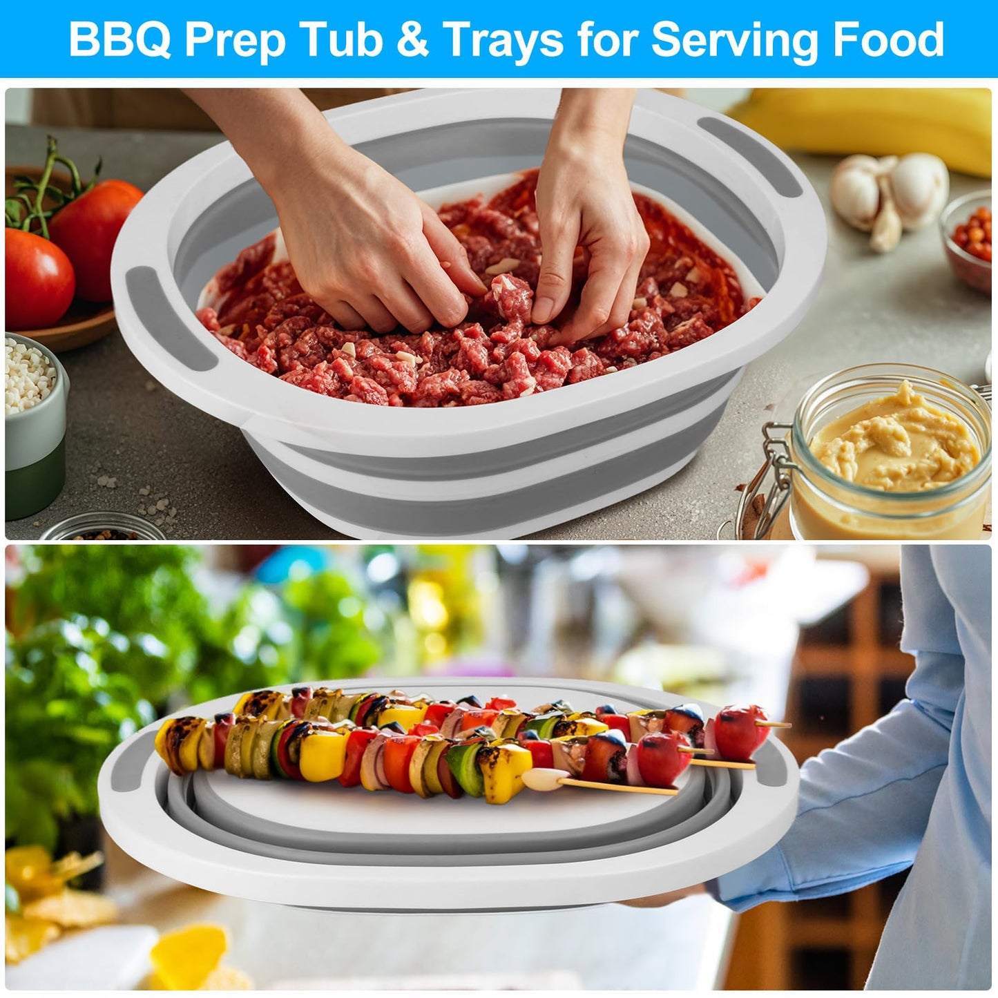 Collapsible Wash Basin, 7.5L Dish Tub Sink Basin Folding Dish Pans for Kitchen Sink, 2-in-1 Dishpan + Cutting Board, Portable Sink Dish Basin for Camping BBQ Prep Tub Washing Bin Bucket for Cleaning