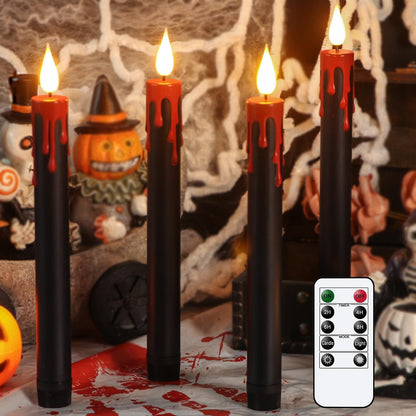 KunSwenn Halloween Black Flameless Taper Candles with Remote Timer, 4 Pcs Red Drip Wax LED Candlesticks with 3D Flickering Flame for Home Fall Indoor Halloween Decor(0.78 x 8.9 Inches)