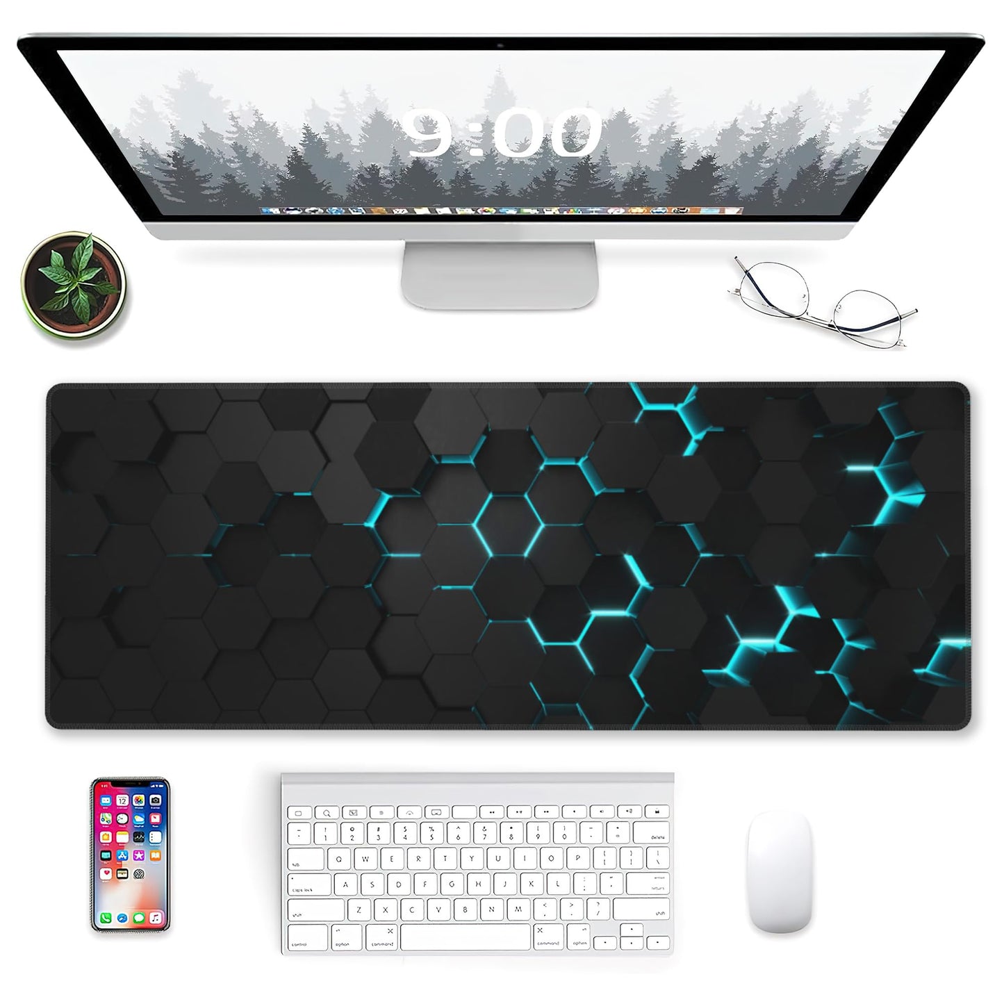 Gaming Mouse Pad, Blue Honeycomb Science Technology Extended Mouse Pad Gaming Large,Big Desk Mat with Non-Slip Base and Stitched Edge,Long Computer Keyboard Mouse Mat for Home Office Work 31.5"x11.8"